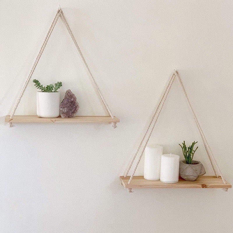 Kệ gỗ treo tường dây thừng thanh ngang trang trí decor phòng khách nhà cửa café giá để đồ đa năng TopV