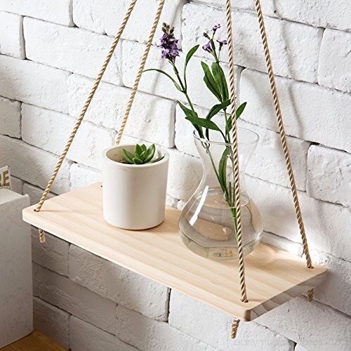 Kệ gỗ treo tường dây thừng thanh ngang trang trí decor phòng khách nhà cửa café giá để đồ đa năng TopV