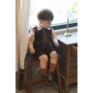 hàng chính chủ Set công tử NÂU Vintage 4ct áo gile + sơmi + quần và cà vạt cho bé sinh nhật thôi nôi CT04