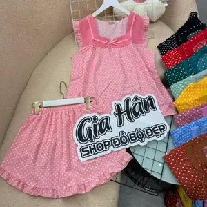 Set Đồ Bộ Nữ Mặc Nhà Quần Ngắn Có Túi Vải Lụa Mềm, Mát Họa Tiết Chấm Bi