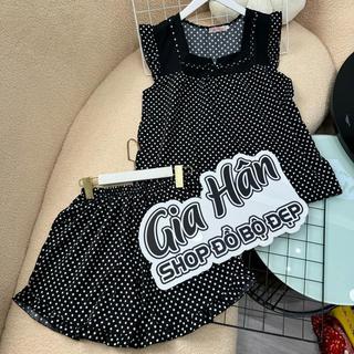 (40-75kg) Set Đồ Bộ Nữ Mặc Nhà Quần Ngắn Có Túi Vải Lụa Mềm, Mát Họa Tiết Chấm Bi