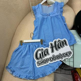 (40-75kg) Set Đồ Bộ Nữ Mặc Nhà Quần Ngắn Có Túi Vải Lụa Mềm, Mát Họa Tiết Chấm Bi