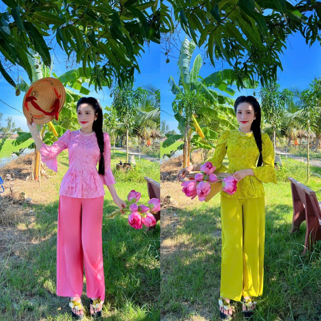 SÉT BỘ BÀ BA TAY LOE TÚI TIỀN NÚT NGỌC KÈM QUẦN ĐỦ SIZE S,M,L,XL,XXL,3XL