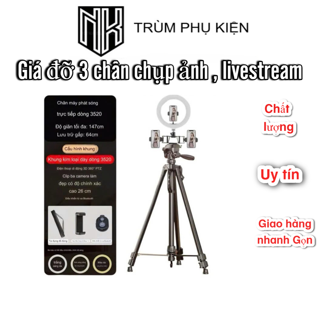Chân quay Tripod 3 IN 1 Chân quay 360 độ NGỌC KHÁNH, có đèn và kẹp điện ...