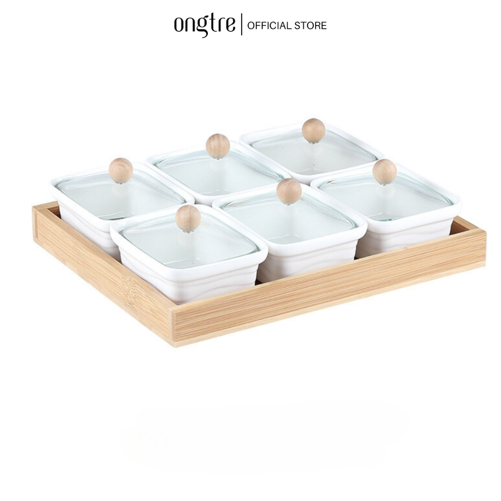 Khay Đựng Mứt Tết ONGTRE Bằng Tre Kèm Hũ Sứ, Khay Bánh Kẹo, Trang Trí Bàn Khách, Quà Tặng Tết