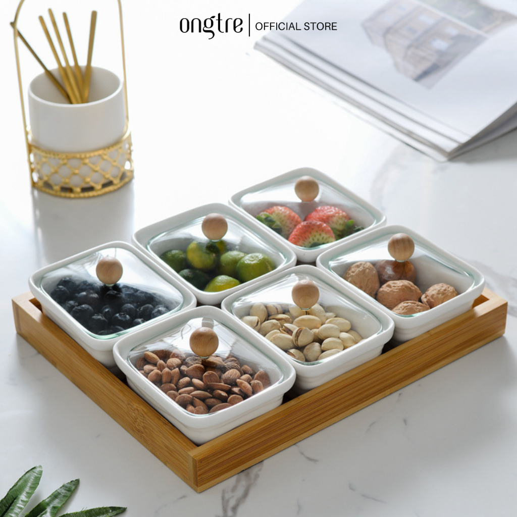 Khay Đựng Mứt Tết ONGTRE Bằng Tre Kèm Hũ Sứ, Khay Bánh Kẹo, Trang Trí Bàn Khách, Quà Tặng Tết