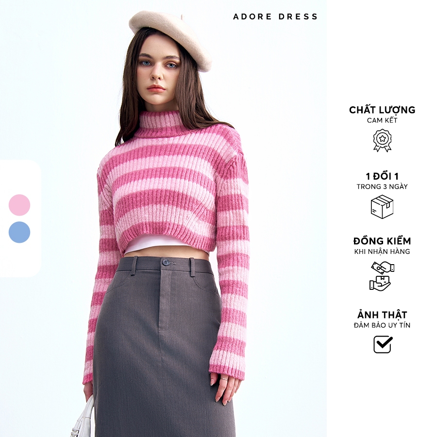 Ảnh 412KN1001 - Áo len thiết kế len dệt kẻ ngang xanh be/hồng crop  ADORE DRESS 1
