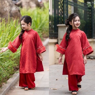 Quần áo trẻ em, Áo dài Tết bé gái chất gấm mềm đẹp tay phối lông cho bé 1-8y AD016 | Tiểu Yến KID