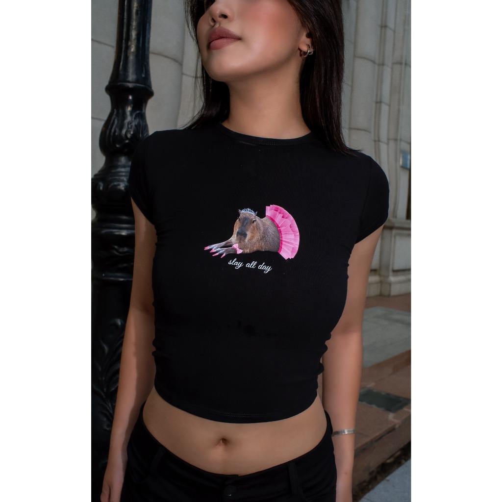 SALE 99K - Áo thun baby tee cotton forom ôm y2k in hình capybara "slay all day"& bò sữa đeo nơ | bananabu