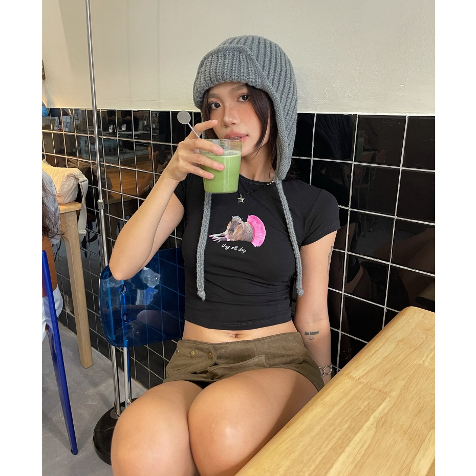 SALE 99K - Áo thun baby tee cotton forom ôm y2k in hình capybara "slay all day"& bò sữa đeo nơ | bananabu