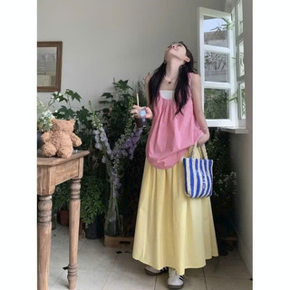 Set Áo Hồng Kèm Chân Váy Vàng Dài Dáng Rộng Màu Ngọt Ngào Phong Cách Retro Dopamine