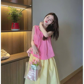 Set Áo Hồng Kèm Chân Váy Vàng Dài Dáng Rộng Màu Ngọt Ngào Phong Cách Retro Dopamine