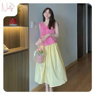 Set Áo Hồng Kèm Chân Váy Vàng Dài Dáng Rộng Màu Ngọt Ngào Phong Cách Retro Dopamine