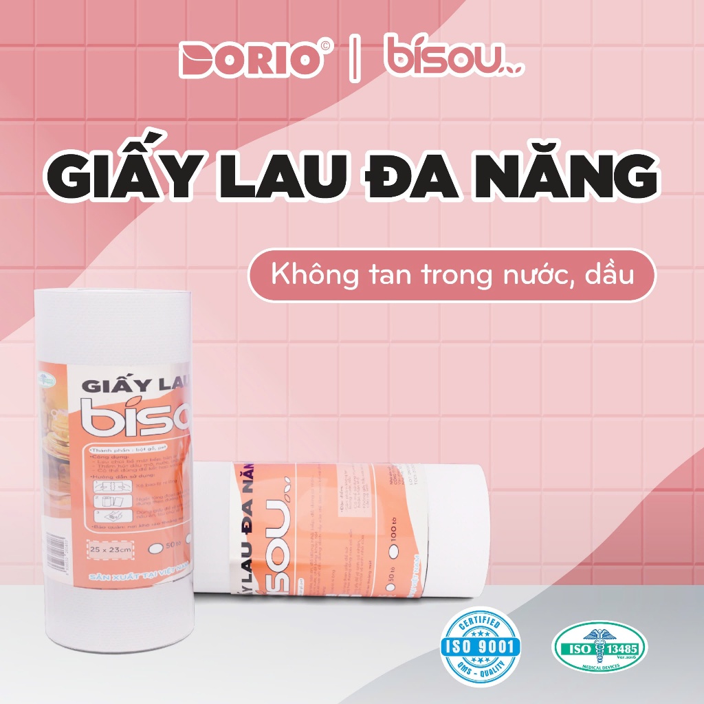 Giấy lau đa năng BISOU cuộn 50 - 100 tờ 23x25cm, lau kính, lau bếp, lau chén bát, lau tay,...