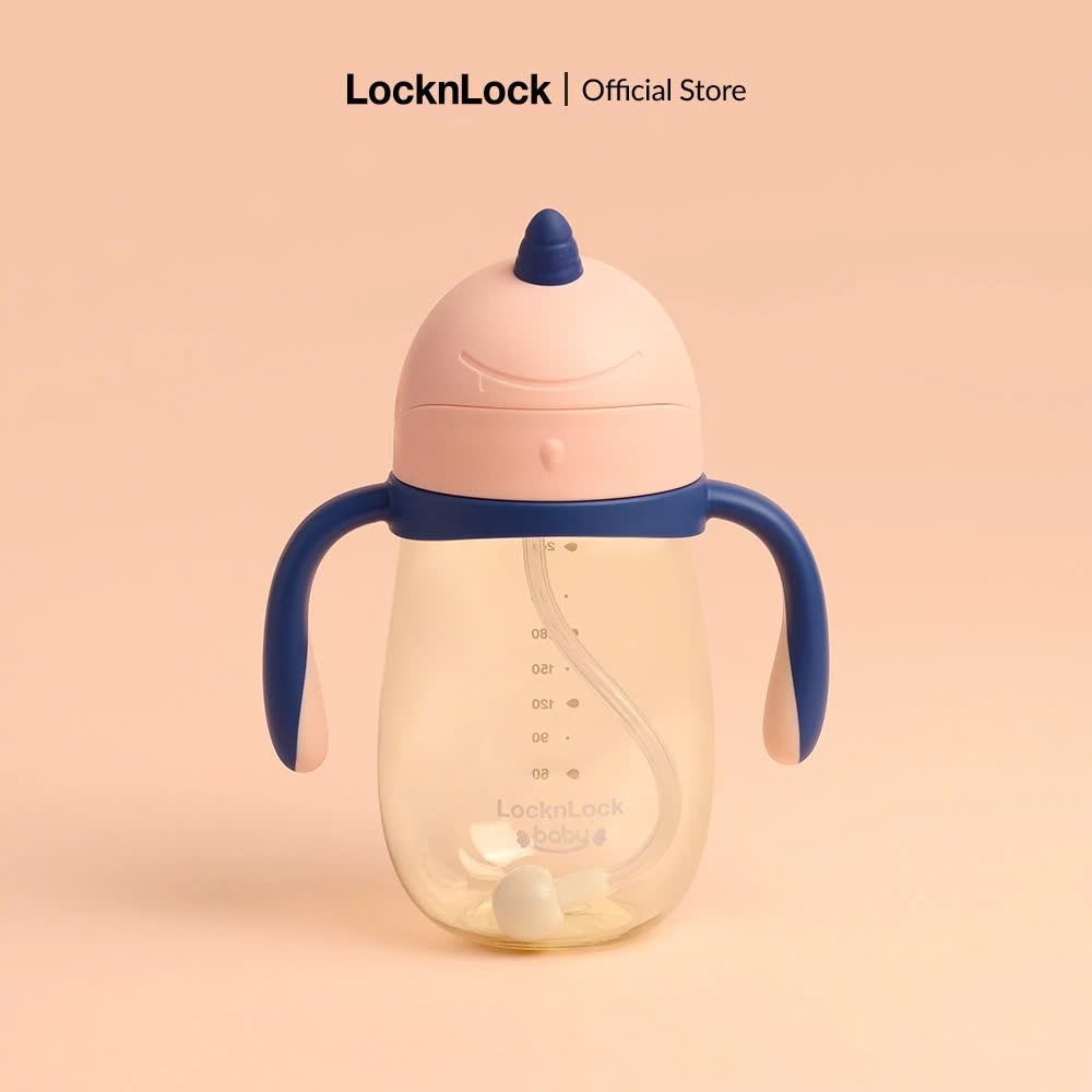 Bình nước nhựa PPSU LocknLock Unicorn Kids HAP911 Màu Hồng, 330ml, kèm ống hút Silicone, tay cầm - K-MALL