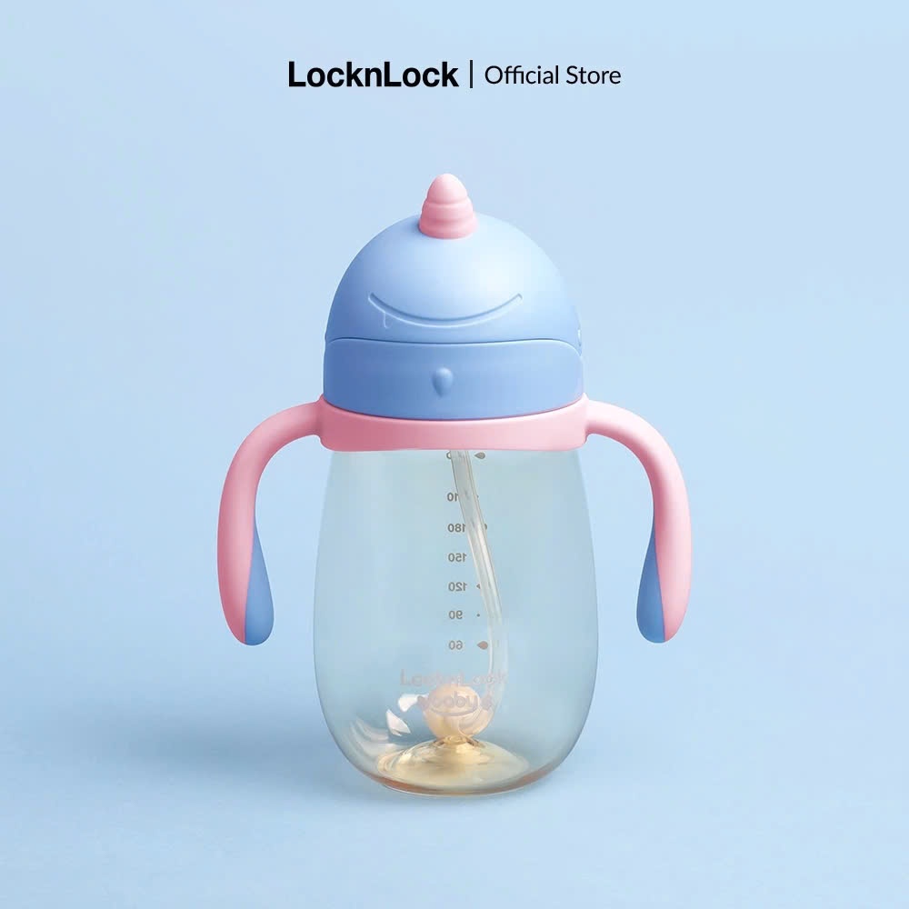 Bình nước nhựa PPSU LocknLock Uniconrn Kids HAP911 Màu Xanh, 330ml, kềm ống hút Silicone, tay cầm - K-MALL