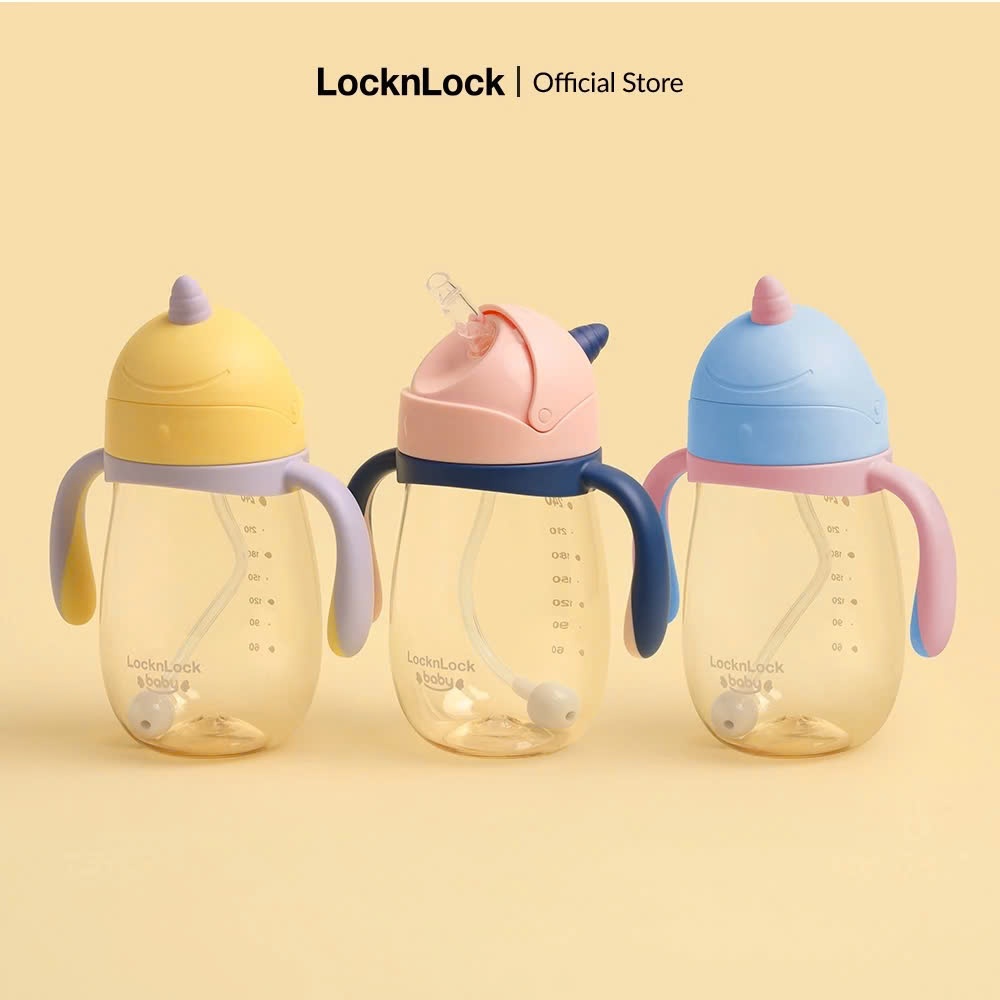 Bình nước nhựa PPSU LocknLock Unicorn Kids HAP911 Màu Hồng, 330ml, kèm ống hút Silicone, tay cầm - K-MALL