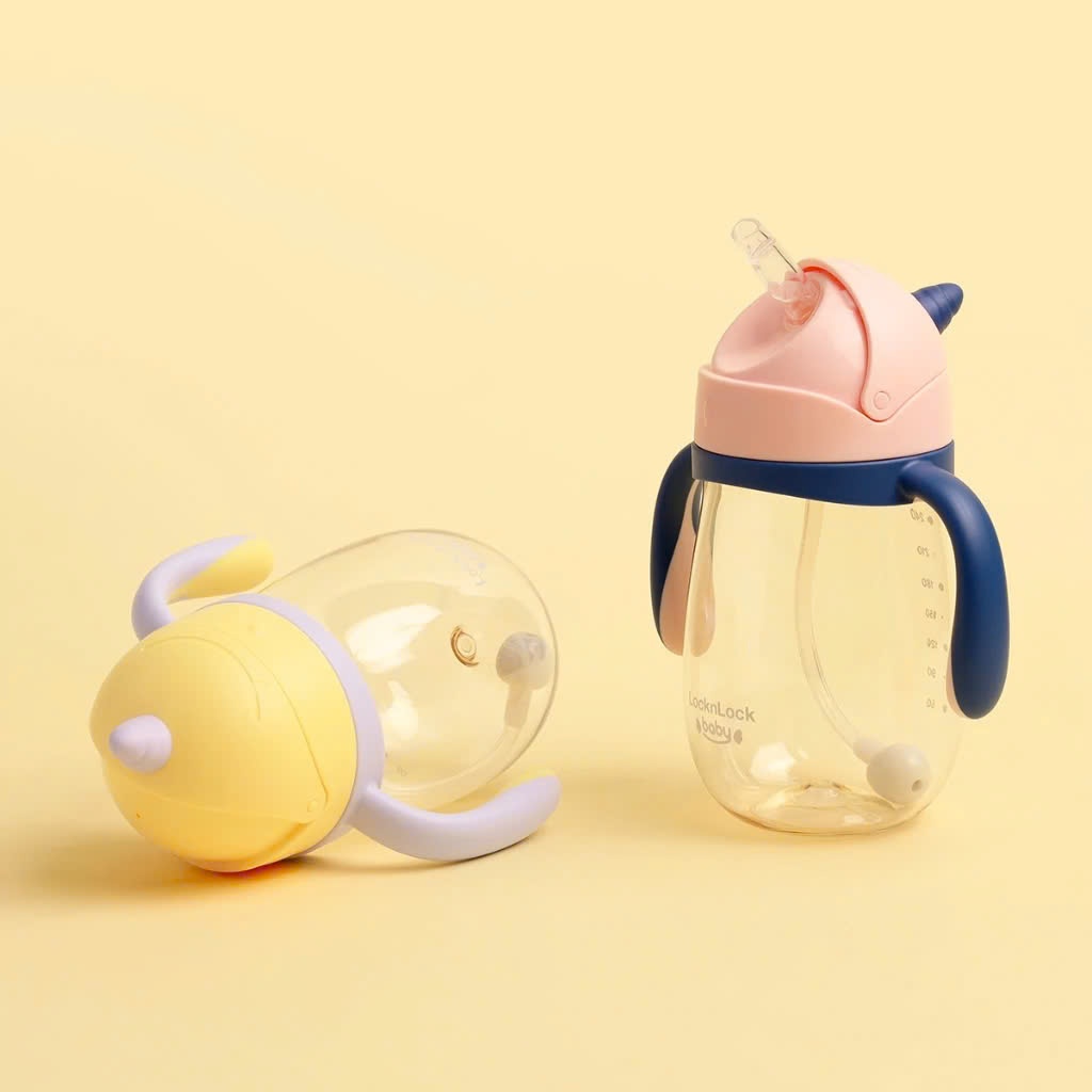 Bình nước nhựa PPSU LocknLock Uniconrn Kids HAP911 Màu Xanh, 330ml, kềm ống hút Silicone, tay cầm - K-MALL