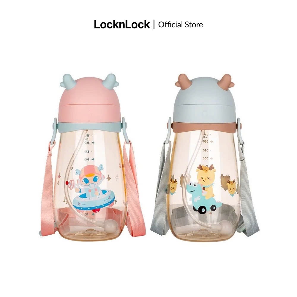 Bình nước nhựa LocknLock Deer Kids 450ml HAP910, kèm ống hút silicone, dây đeo, họa tiết - K-MALL