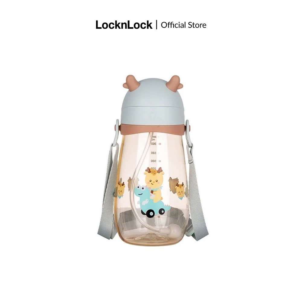 Bình nước nhựa PPSU LocknLock Deer Kids Bottle HAP910 Màu Xanh Ngọc 450ml, kèm ống hút và dây đeo - K-MALL