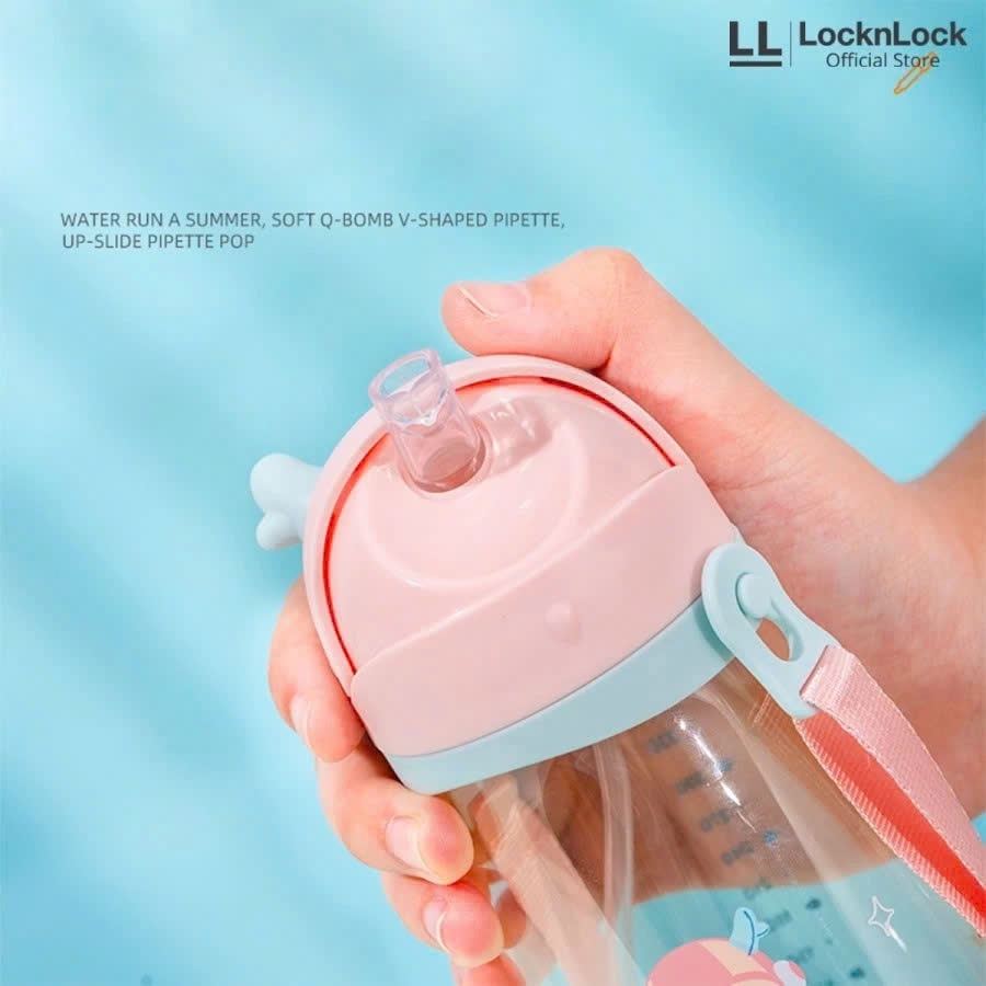 Bình nước nhựa PPSU LocknLock Deer Kids Bottle HAP910 Màu Xanh Ngọc 450ml, kèm ống hút và dây đeo - K-MALL