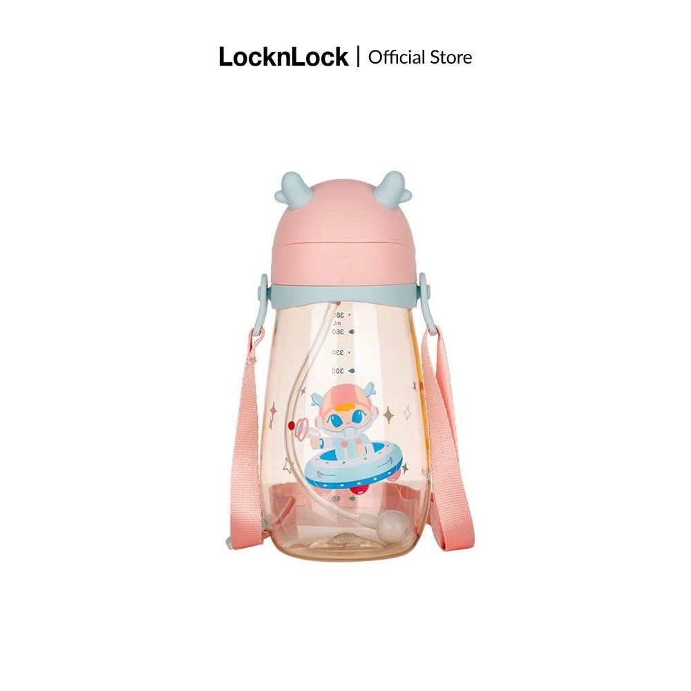 Bình nước nhựa PPSU LocknLock Deer Kids Bottle HAP910 Màu Hồng, 450ml, kèm ống hút và dây đeo - K-MALL