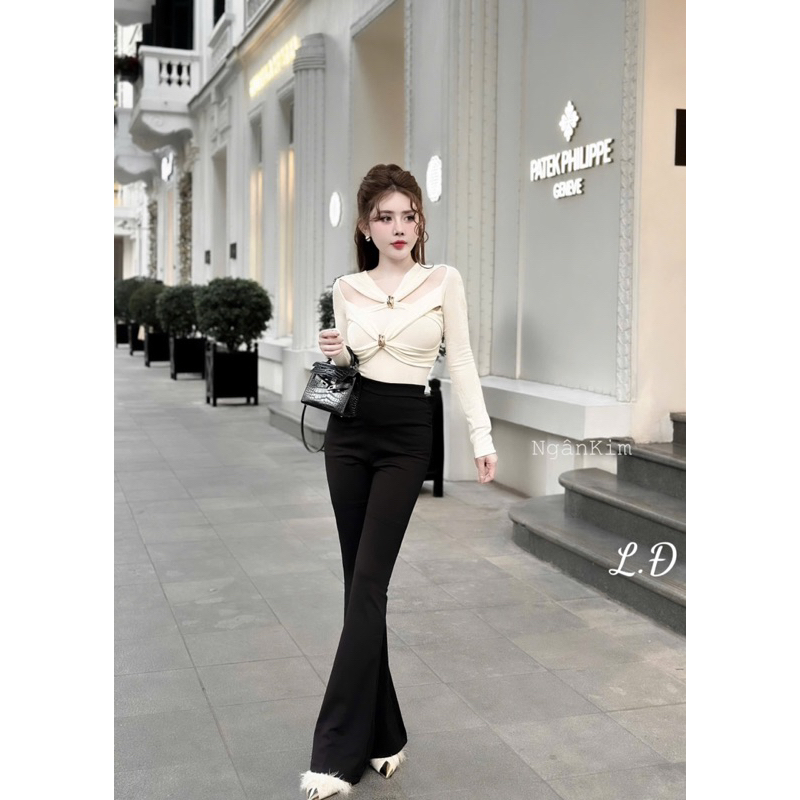 Sét áo nhúng khoét vai dài tay mix quần ống loe siu hách dáng