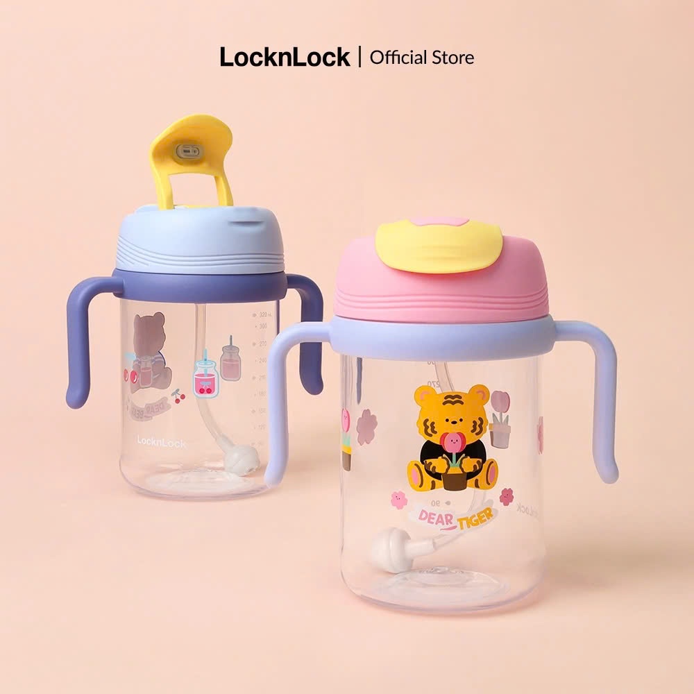 Bình nước nhựa cho bé LocknLock ABF852 Xanh 420ml tay cầm đôi, họa tiết cute, có ống hút - K-MALL