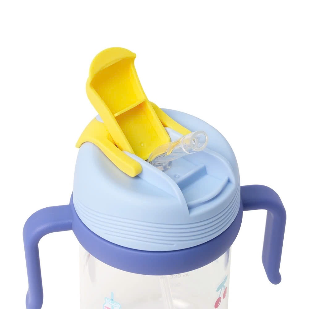 Bình nước nhựa cho bé LocknLock ABF852 Xanh 420ml tay cầm đôi, họa tiết cute, có ống hút - K-MALL
