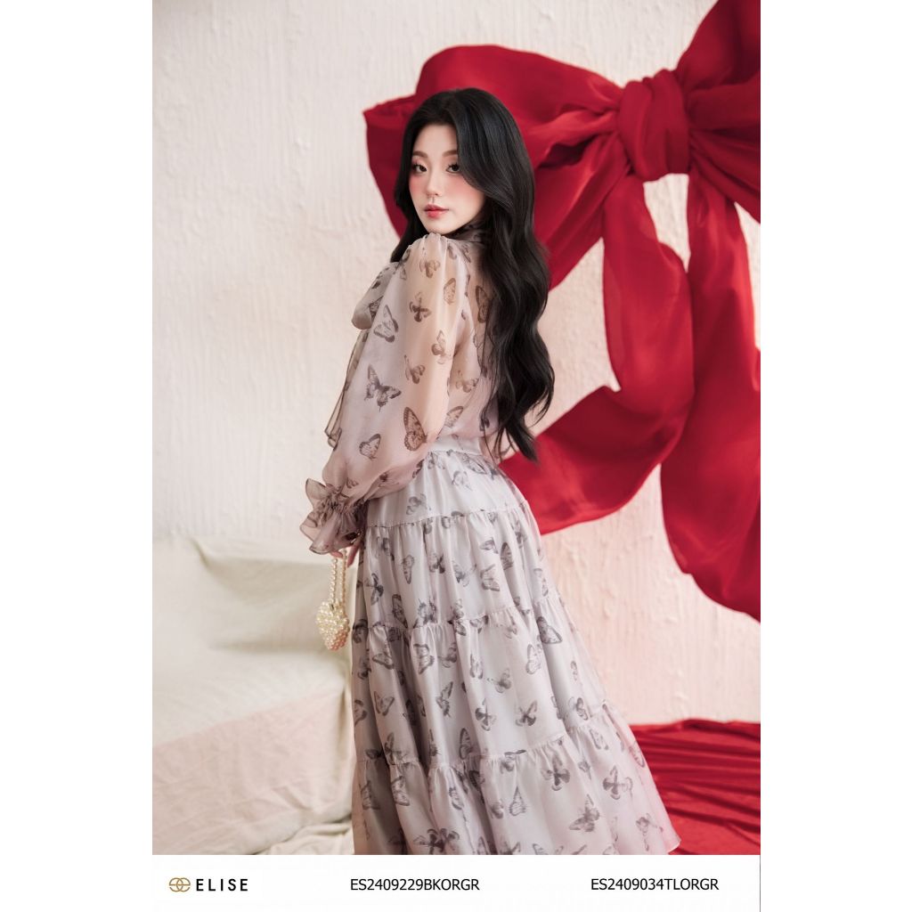 Ảnh Áo sơ mi tơ ghi HT bướm nơ cổ thiết kế Elise ES2409034TLORGR 1