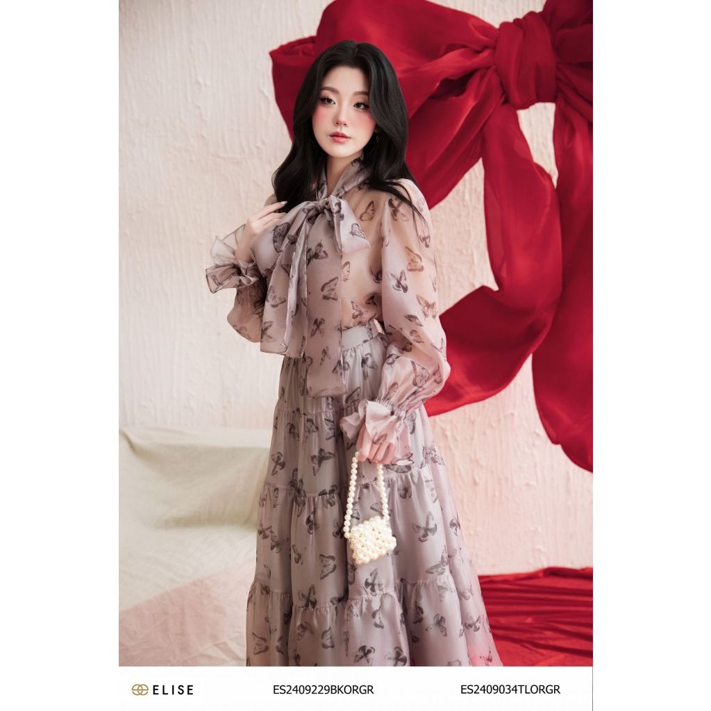 Ảnh Áo sơ mi tơ ghi HT bướm nơ cổ thiết kế Elise ES2409034TLORGR 2