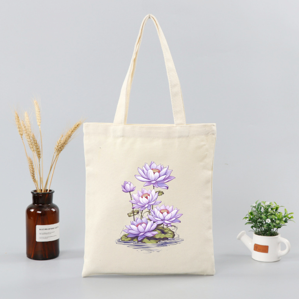 Túi canvas đựng đồ Túi vải Tote họa tiết hoa Sen tím xinh xắn dùng đi chơi đi học thời trang dài 35x40 tota051