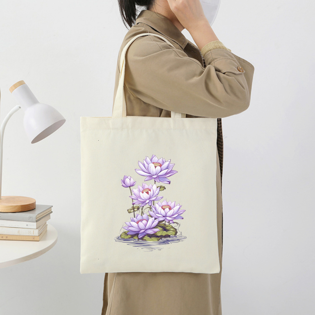 Túi canvas đựng đồ Túi vải Tote họa tiết hoa Sen tím xinh xắn dùng đi chơi đi học thời trang dài 35x40 tota051