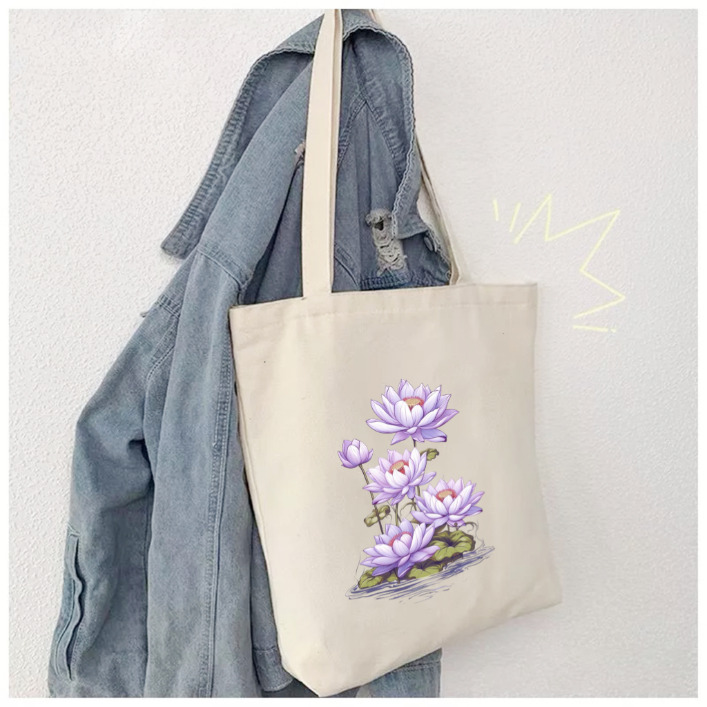 Túi canvas đựng đồ Túi vải Tote họa tiết hoa Sen tím xinh xắn dùng đi chơi đi học thời trang dài 35x40 tota051