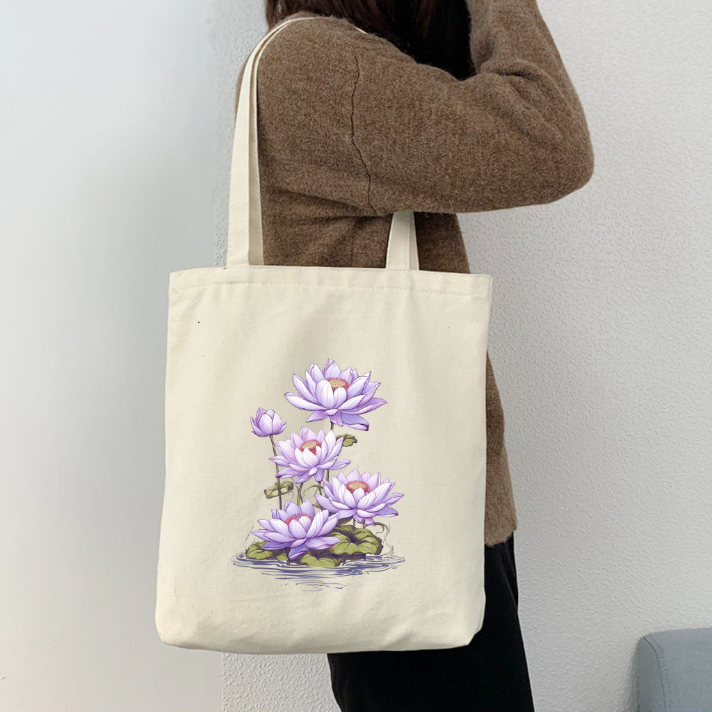 Túi canvas đựng đồ Túi vải Tote họa tiết hoa Sen tím xinh xắn dùng đi chơi đi học thời trang dài 35x40 tota051