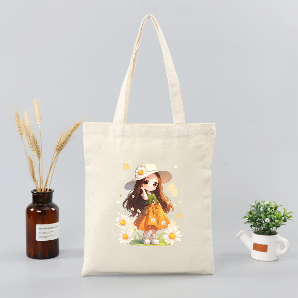 Túi vải tote hình bé gái đội nón hoa xinh xẻo Túi canvas đựng đồ đi chơi đi học thời trang dài 35x40 tota049