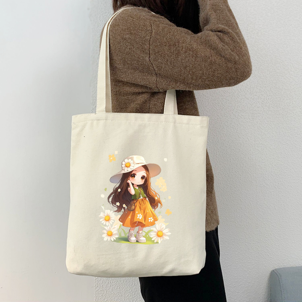 Túi vải tote hình bé gái đội nón hoa xinh xẻo Túi canvas đựng đồ đi chơi đi học thời trang dài 35x40 tota049