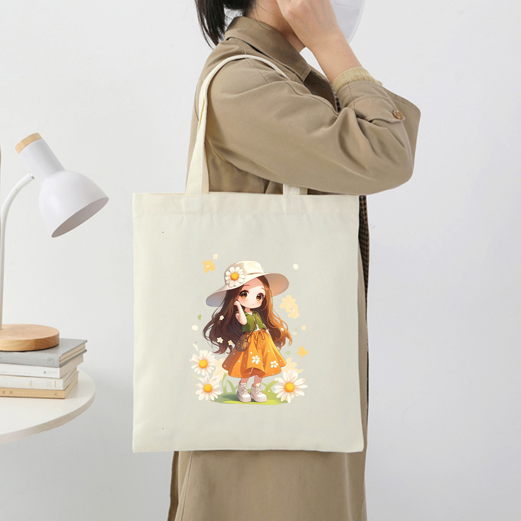 Túi vải tote hình bé gái đội nón hoa xinh xẻo Túi canvas đựng đồ đi chơi đi học thời trang dài 35x40 tota049