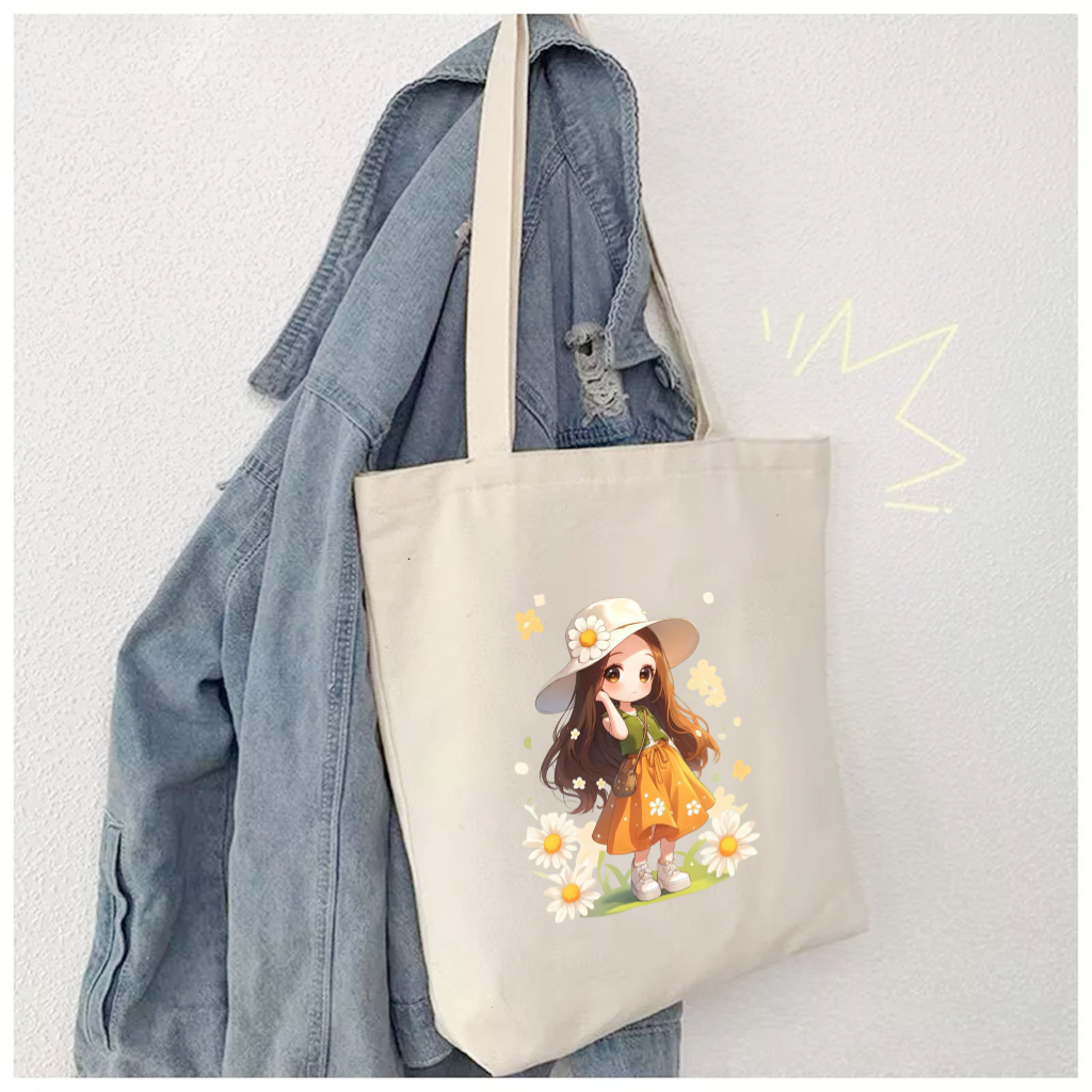 Túi vải tote hình bé gái đội nón hoa xinh xẻo Túi canvas đựng đồ đi chơi đi học thời trang dài 35x40 tota049