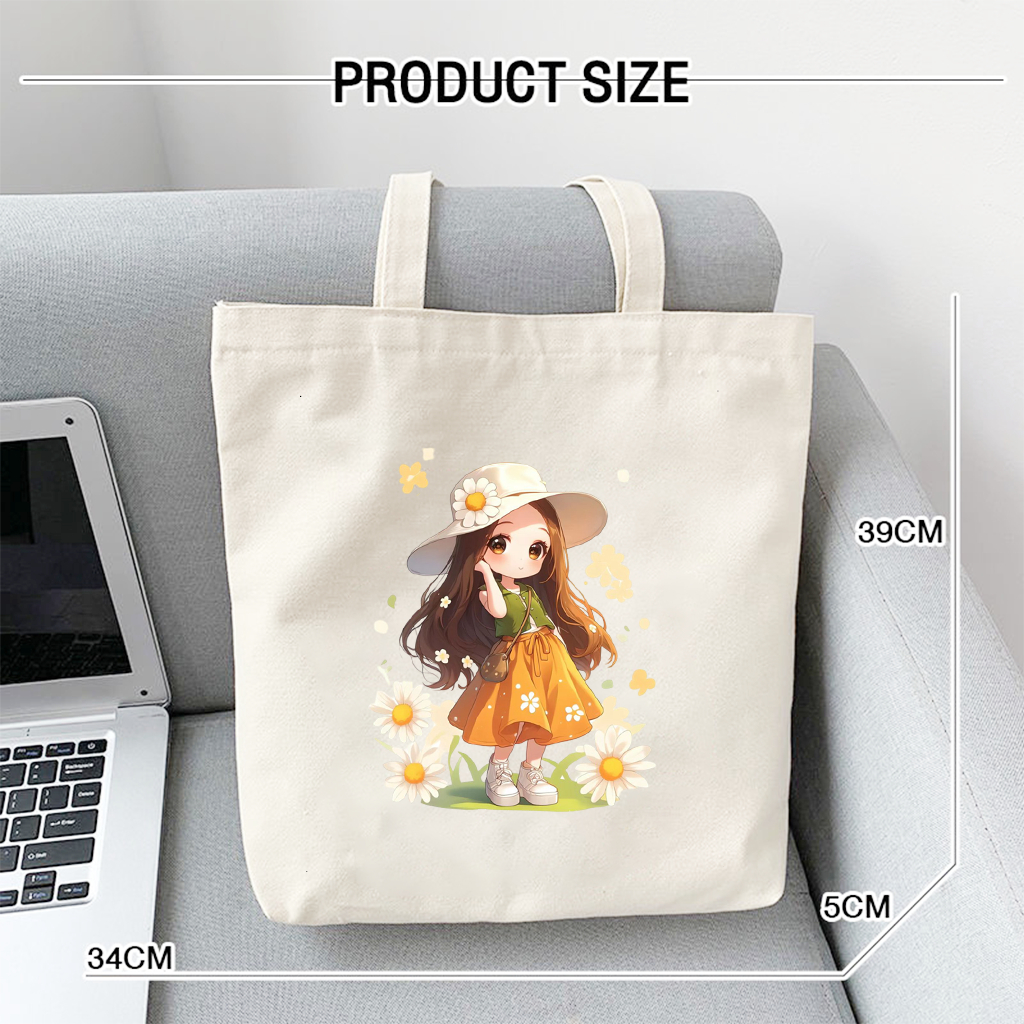 Túi vải tote hình bé gái đội nón hoa xinh xẻo Túi canvas đựng đồ đi chơi đi học thời trang dài 35x40 tota049