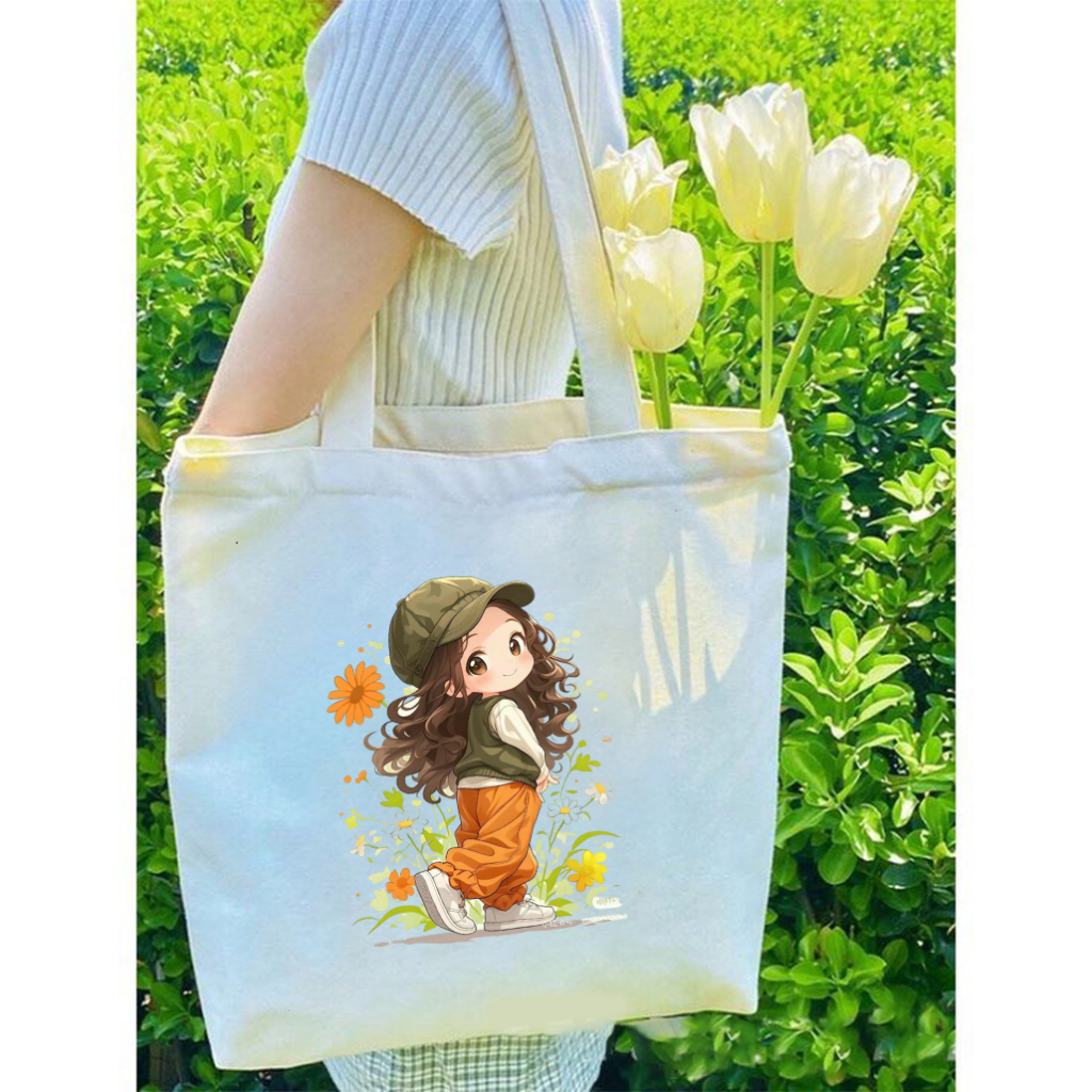 BỘ SƯU TẬP MẪU TOTE HÓT - túi vải tote in họa tiết bé gái so cute màu trắng be nhiều hình kích thước 35x40 HÌNH SẮC NÉT