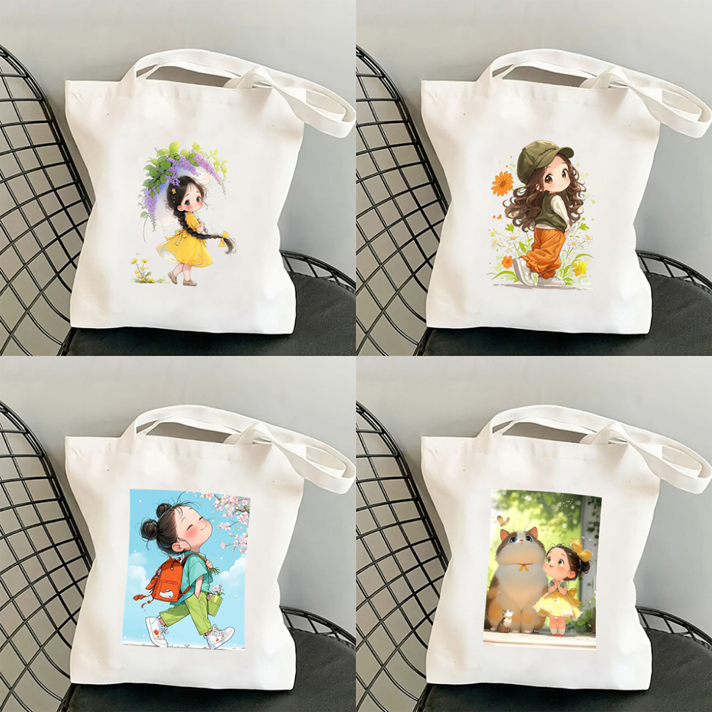 BỘ SƯU TẬP MẪU TOTE HÓT - túi vải tote in họa tiết bé gái so cute màu trắng be nhiều hình kích thước 35x40 HÌNH SẮC NÉT