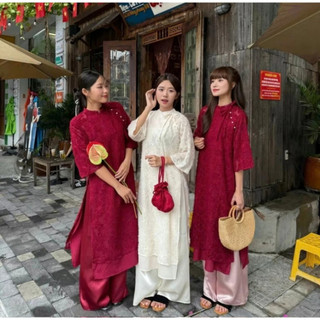 Áo dài lông vũ ForgirlStudio áo dài đỏ hiện đại mẫu mới chất ren 2 lớp tay lỡ cổ trụ cột nơ phối quần lụa T031