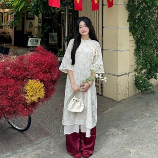 Áo dài lông vũ ForgirlStudio áo dài đỏ hiện đại mẫu mới chất ren 2 lớp tay lỡ cổ trụ cột nơ phối quần lụa T031