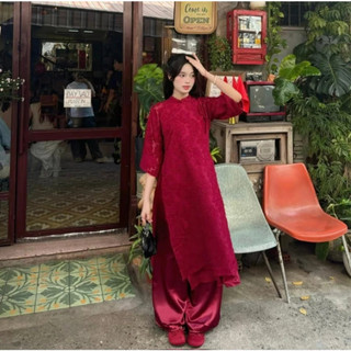 Áo dài lông vũ ForgirlStudio áo dài đỏ hiện đại mẫu mới chất ren 2 lớp tay lỡ cổ trụ cột nơ phối quần lụa T031
