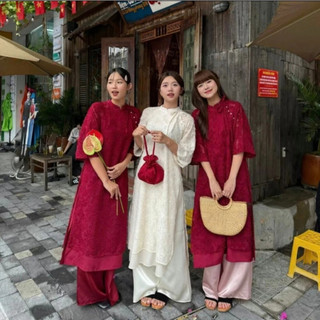 Áo dài lông vũ ForgirlStudio áo dài đỏ hiện đại mẫu mới chất ren 2 lớp tay lỡ cổ trụ cột nơ phối quần lụa T031