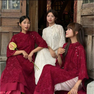 Áo dài lông vũ ForgirlStudio áo dài đỏ hiện đại mẫu mới chất ren 2 lớp tay lỡ cổ trụ cột nơ phối quần lụa T031