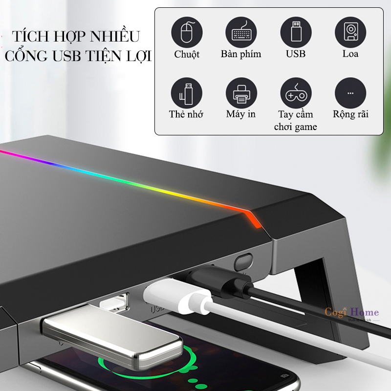 Kệ Để Màn Hình Máy Tính Cao Cấp Trang Bị LED RGB Đa Cổng Kết Nối, Kệ Màn Hình Decor Bàn Làm Việc T1