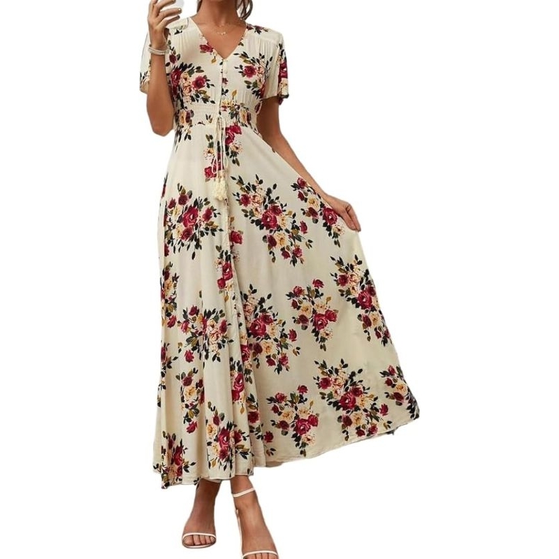 (BomoHouse) Đầm maxi hoa cổ ren eo thun Monteau* bigsize - dư xịn