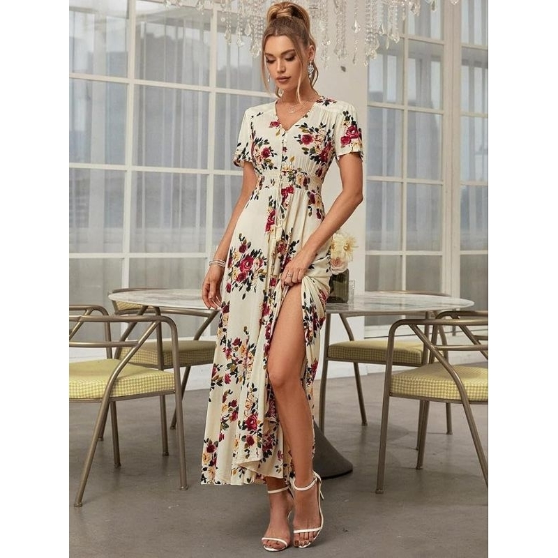 (BomoHouse) Đầm maxi hoa cổ ren eo thun Monteau* bigsize - dư xịn
